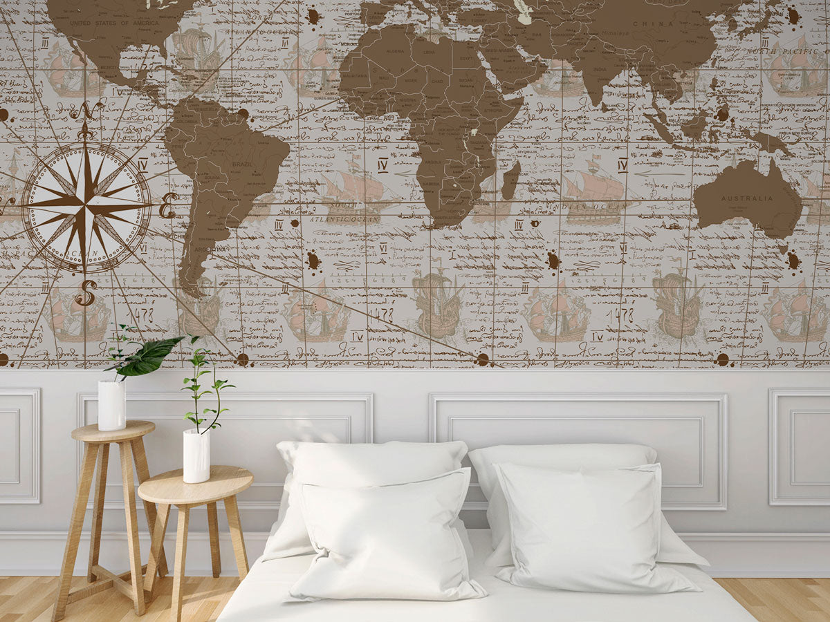 Vintage World Map Wallpaper Decor in bedroom