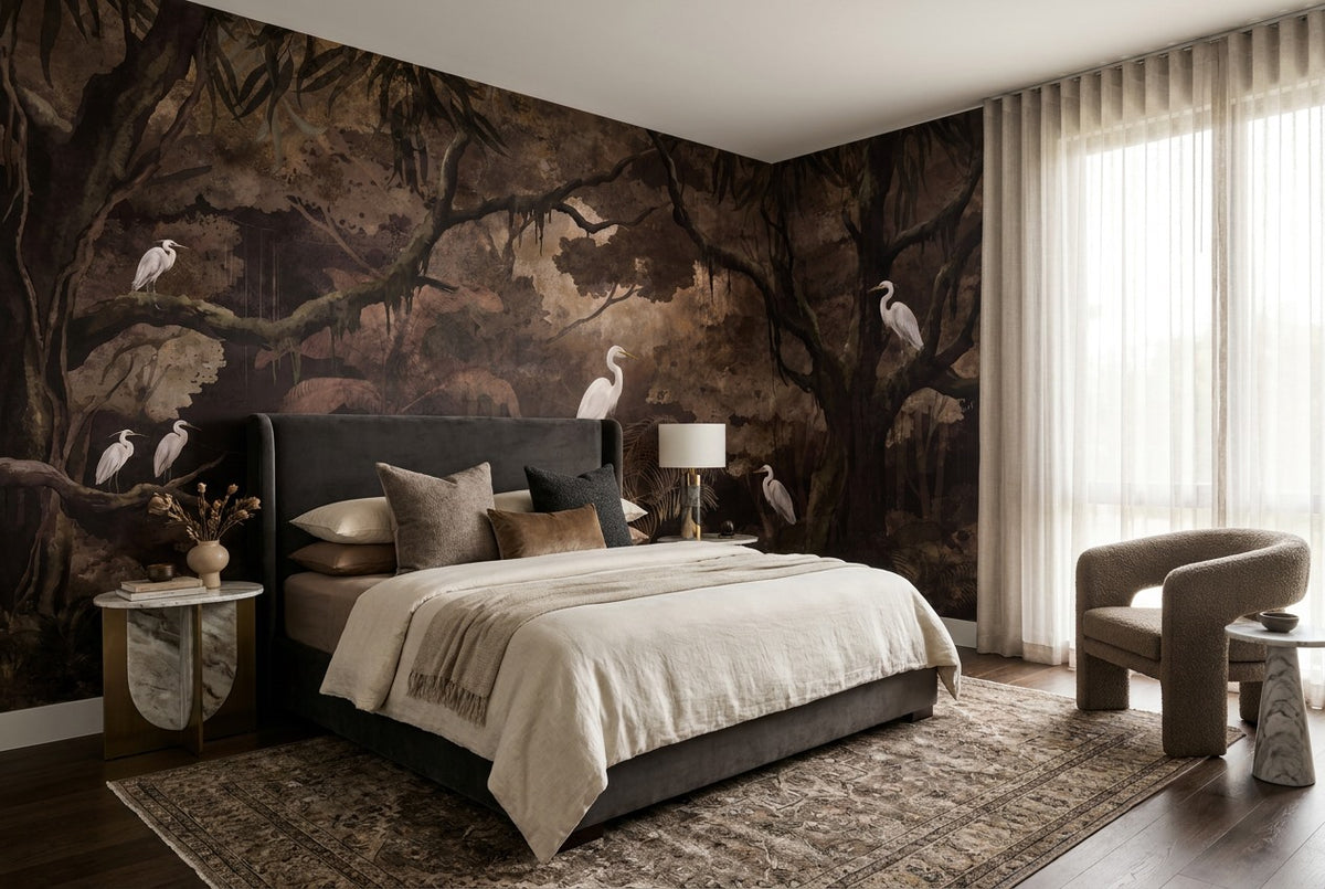 Deep Night Egret Dark Forest Wallpaper Mural interior scene