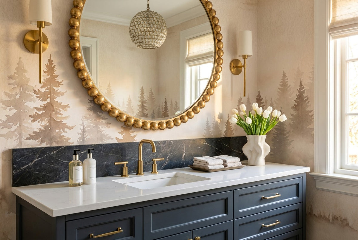 Light Beige Misty Forest Wallpaper Mural interior scene