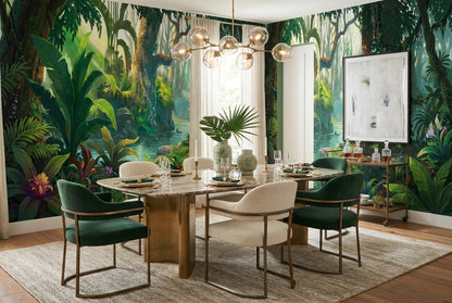 Wild Leafy Green Jungle Wallpaper Mural interior scene