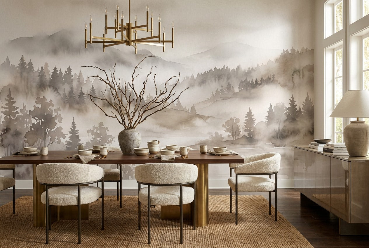 Sepia Grey Misty Forest Wallpaper Mural interior scene