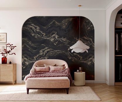 Obsidian Luxe Marble Mural Wallpaper in bedroom