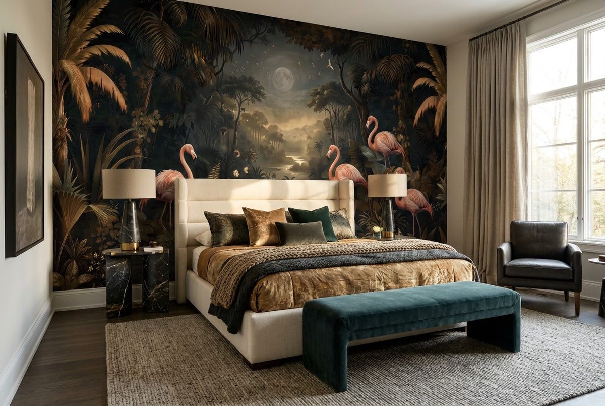 Shadow Flamingo Dark Forest Wallpaper Mural interior scene