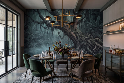 Midnight Teal Dark Forest Wallpaper Mural interior scene