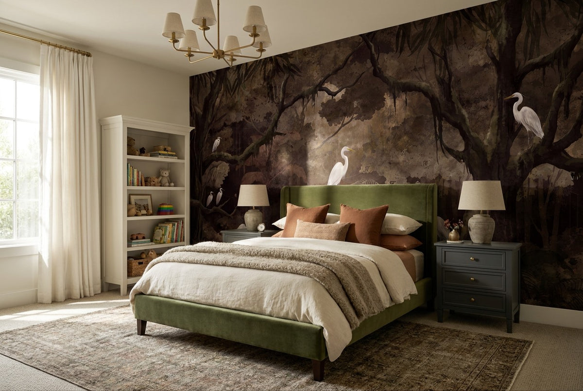 Deep Night Egret Dark Forest Wallpaper Mural interior scene