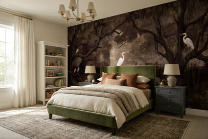 Deep Night Egret Dark Forest Wallpaper Mural interior scene