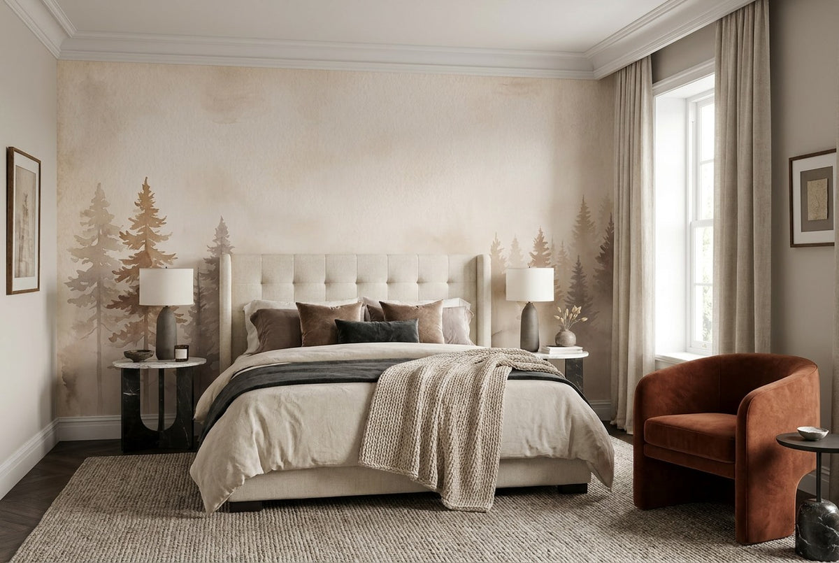 Light Beige Misty Forest Wallpaper Mural interior scene