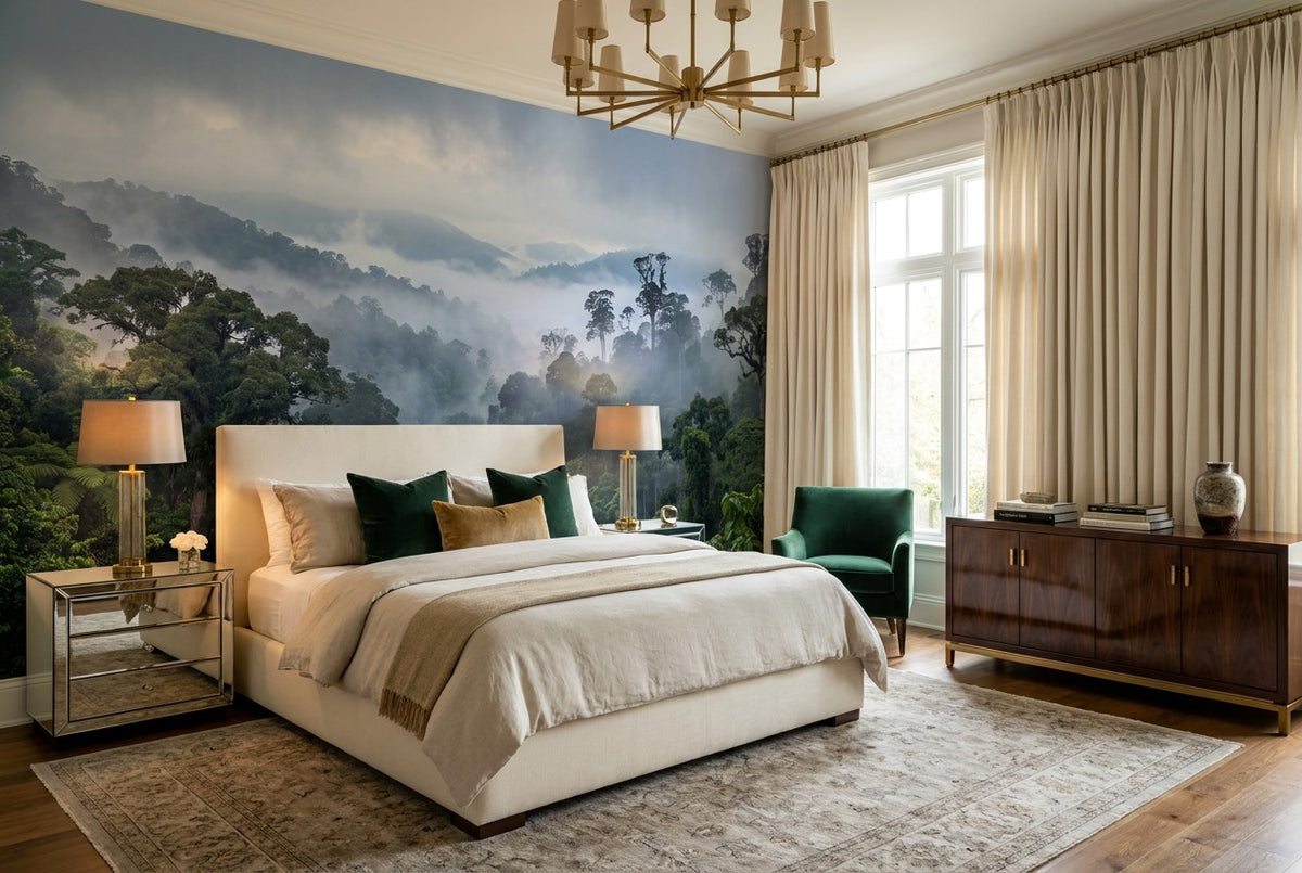 Muted Serene Misty Forest Wallpaper Mural interior scene