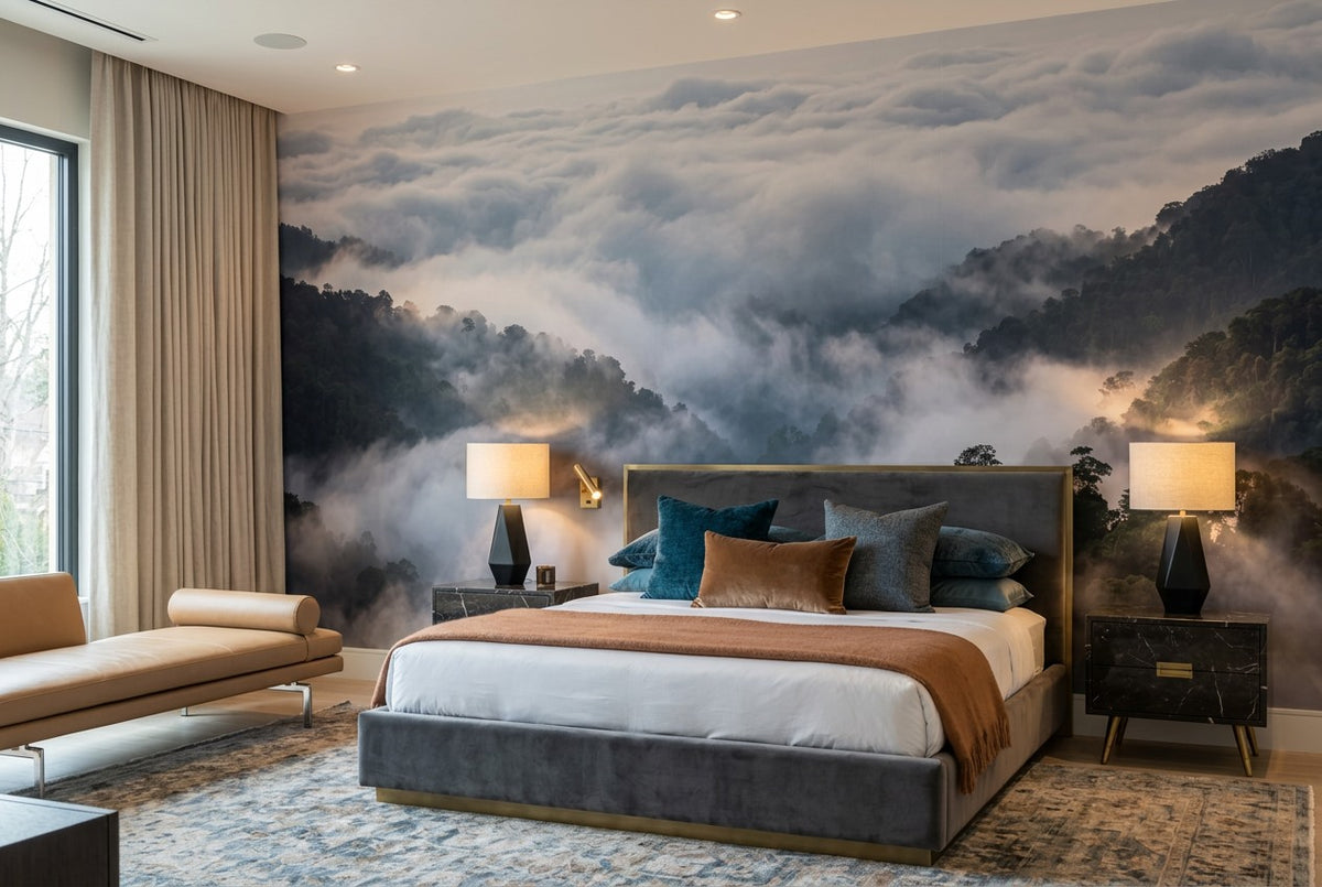 Ethereal Gray Misty Forest Wallpaper Mural interior scene