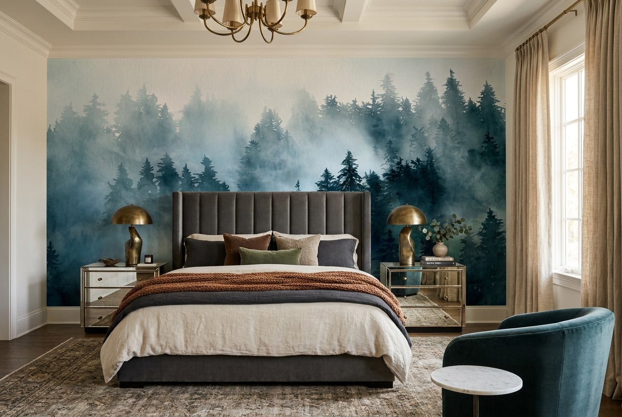 Grey Misty Forest Wallpaper Mural interior scene