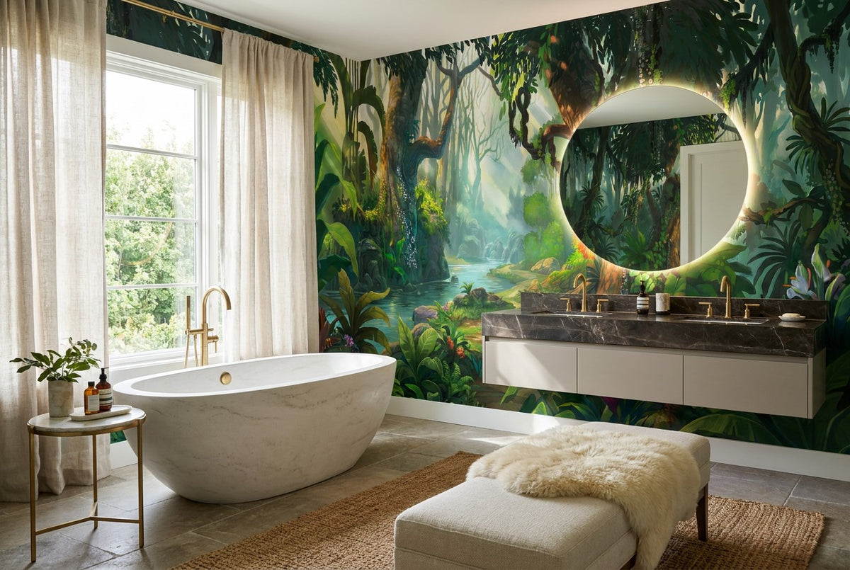 Wild Leafy Green Jungle Wallpaper Mural interior scene