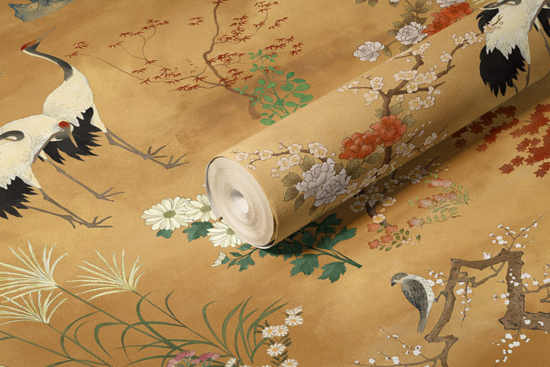 Golden Meadow Cranes Mural Wallpaper