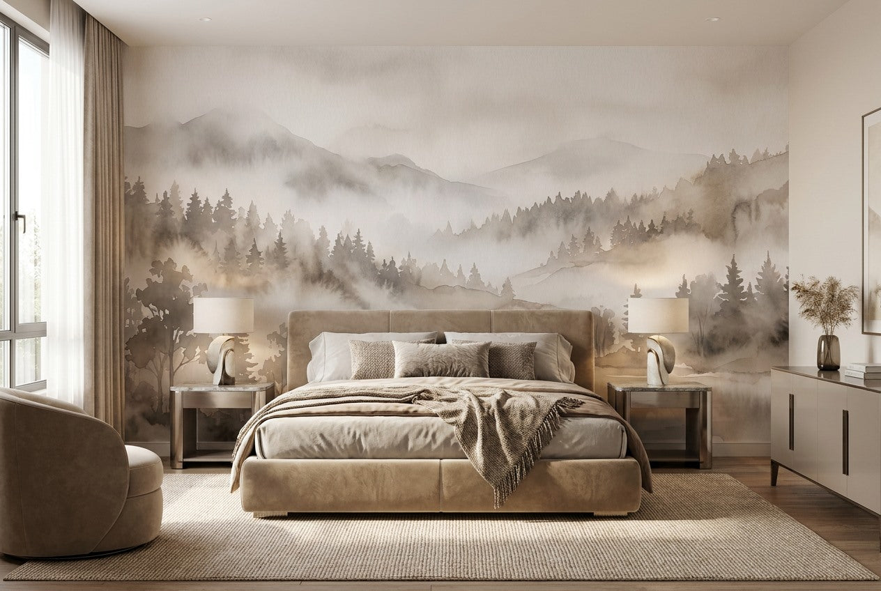 Sepia Grey Misty Forest Wallpaper Mural interior scene