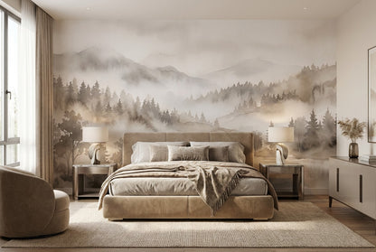 Sepia Grey Misty Forest Wallpaper Mural interior scene