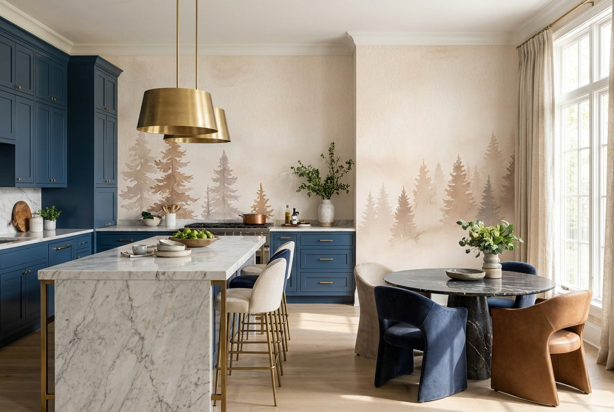 Light Beige Misty Forest Wallpaper Mural interior scene