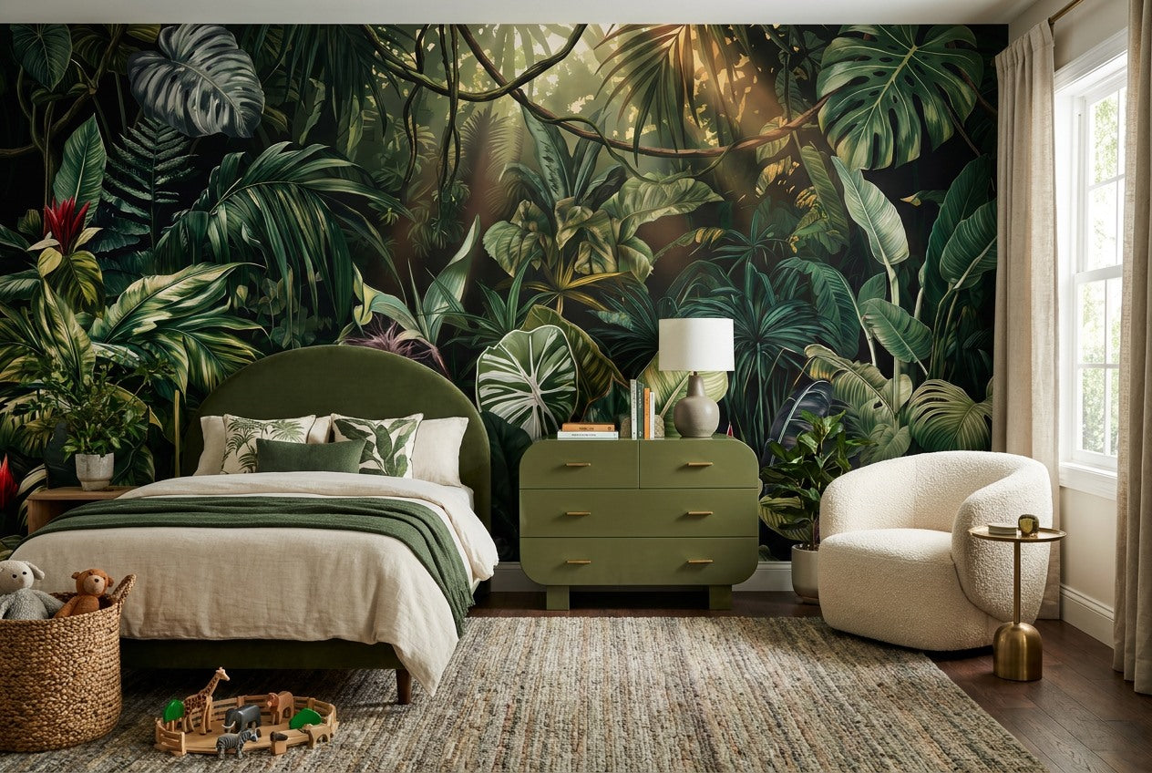 Mossy Foliage Green Jungle Wallpaper Mural interior scene