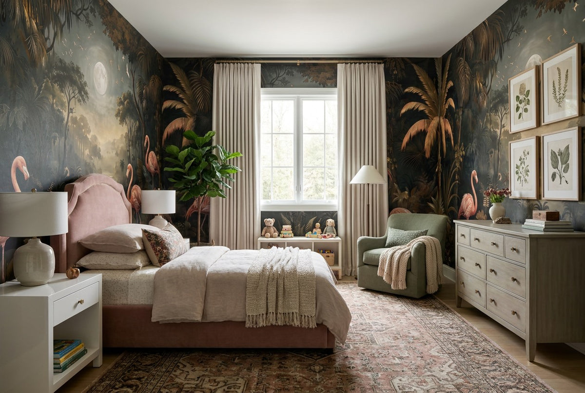Shadow Flamingo Dark Forest Wallpaper Mural interior scene