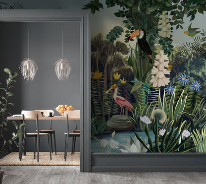 Lush Tropical Jungle Wildlife Wallpaper in dining room