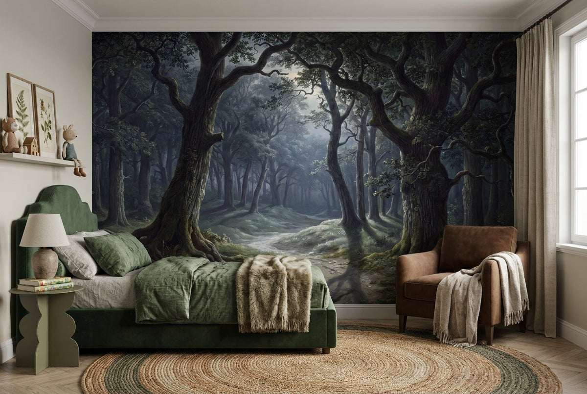 Somber Enchanted Dark Forest Wallpaper Mural interior scene