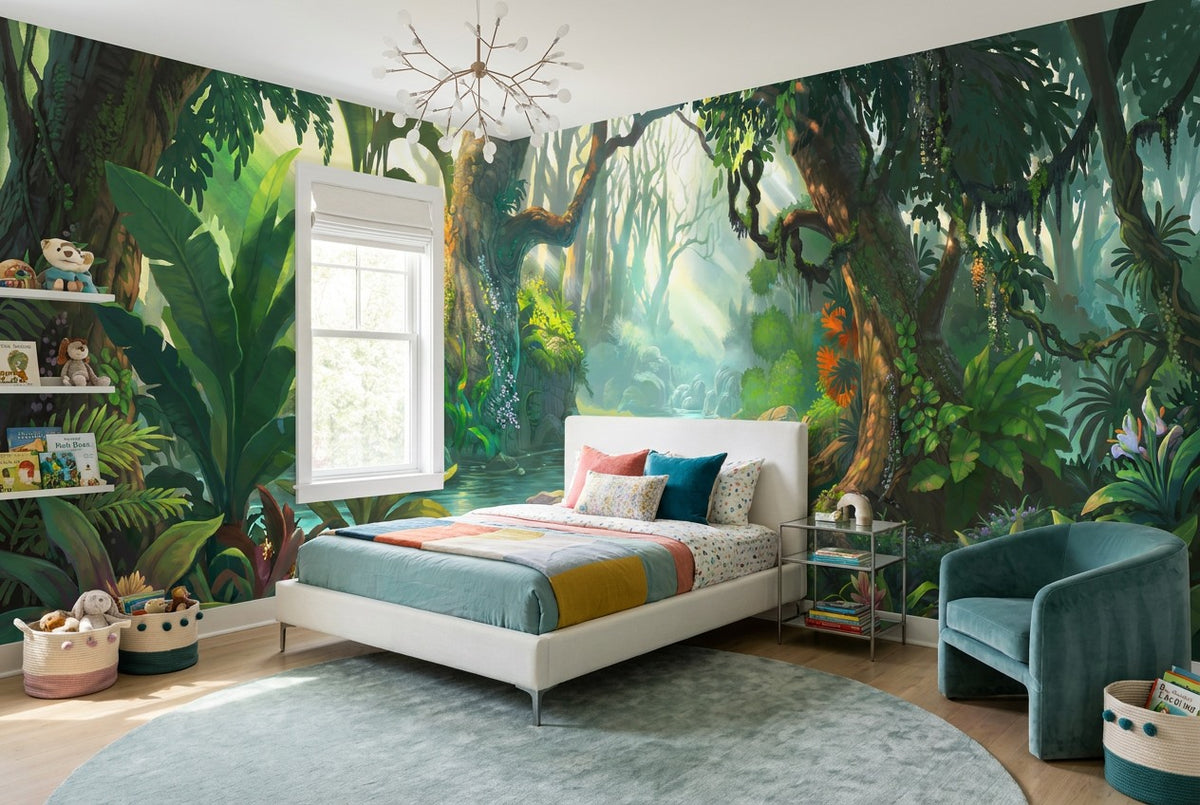Wild Leafy Green Jungle Wallpaper Mural interior scene