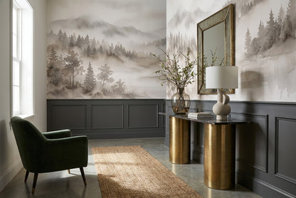 Sepia Grey Misty Forest Wallpaper Mural interior scene
