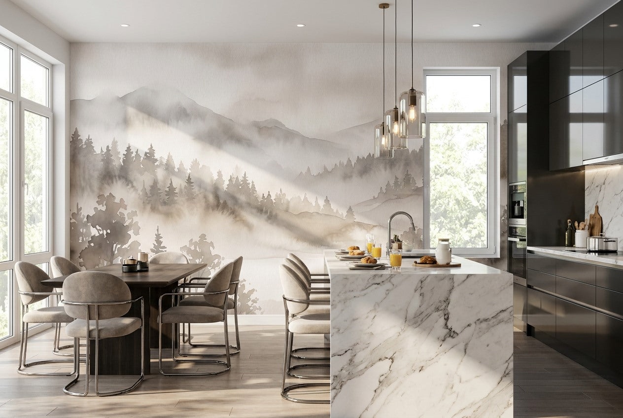 Sepia Grey Misty Forest Wallpaper Mural interior scene
