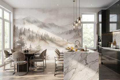 Sepia Grey Misty Forest Wallpaper Mural interior scene