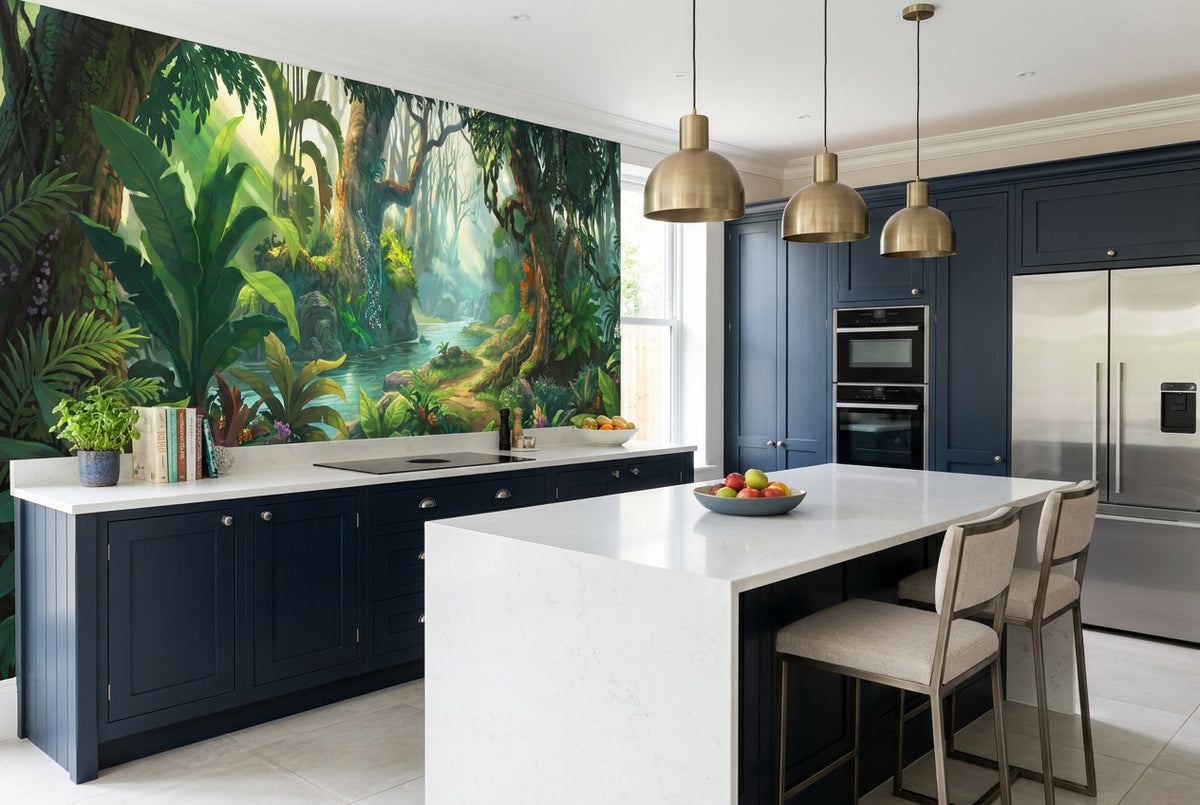 Wild Leafy Green Jungle Wallpaper Mural interior scene
