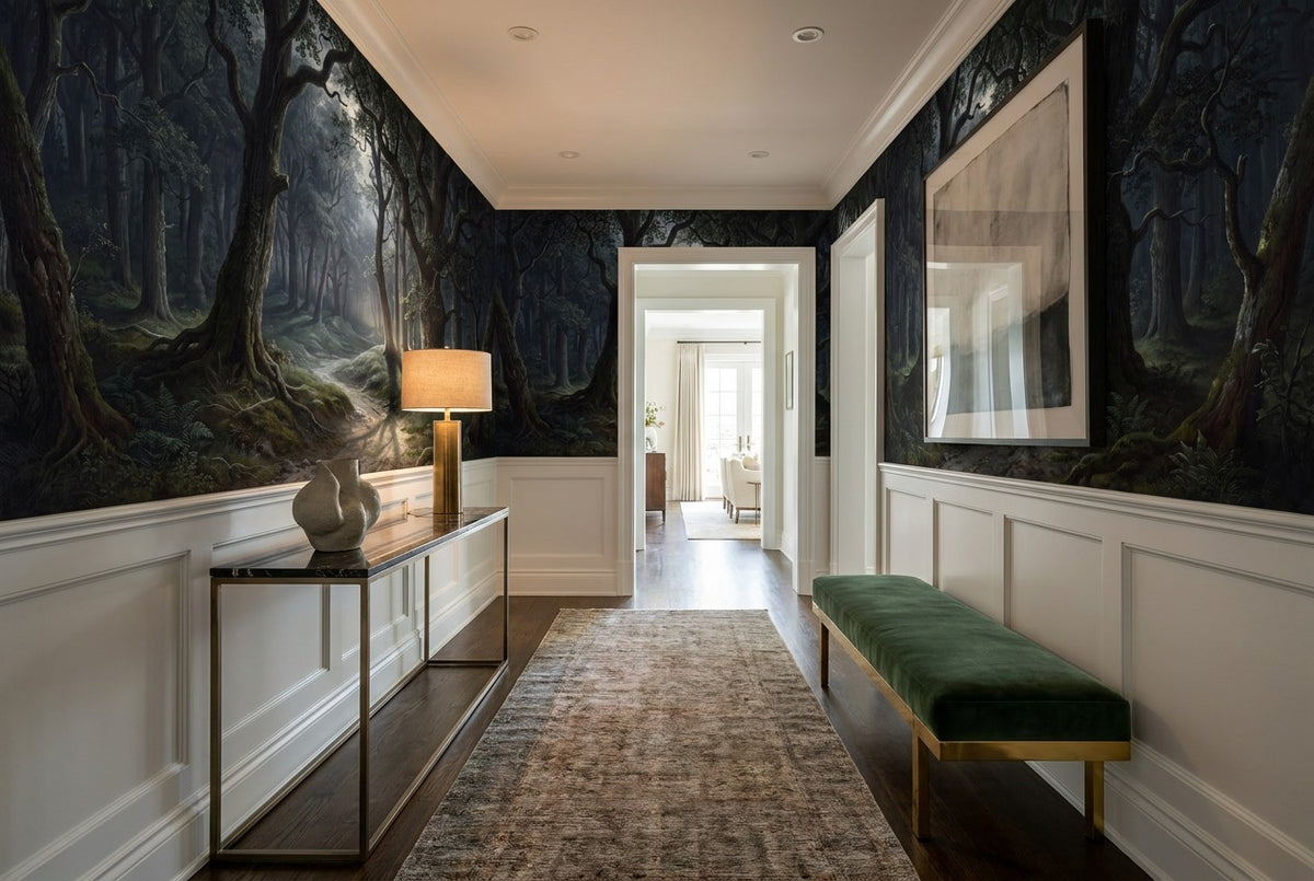 Somber Enchanted Dark Forest Wallpaper Mural interior scene