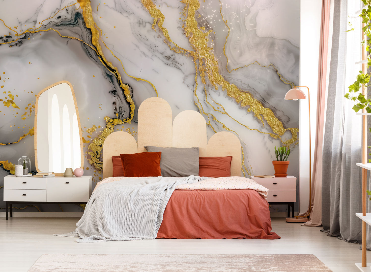 Golden Veined Marble Mural Wallpaper in bedroom