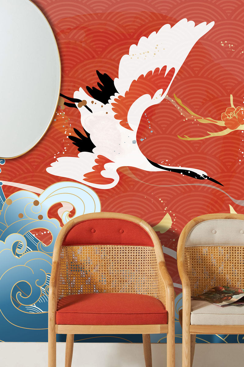 Crane Dance Amidst Ocean Waves Mural Wallpaper