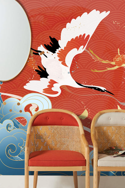 Crane Dance Amidst Ocean Waves Mural Wallpaper in living room