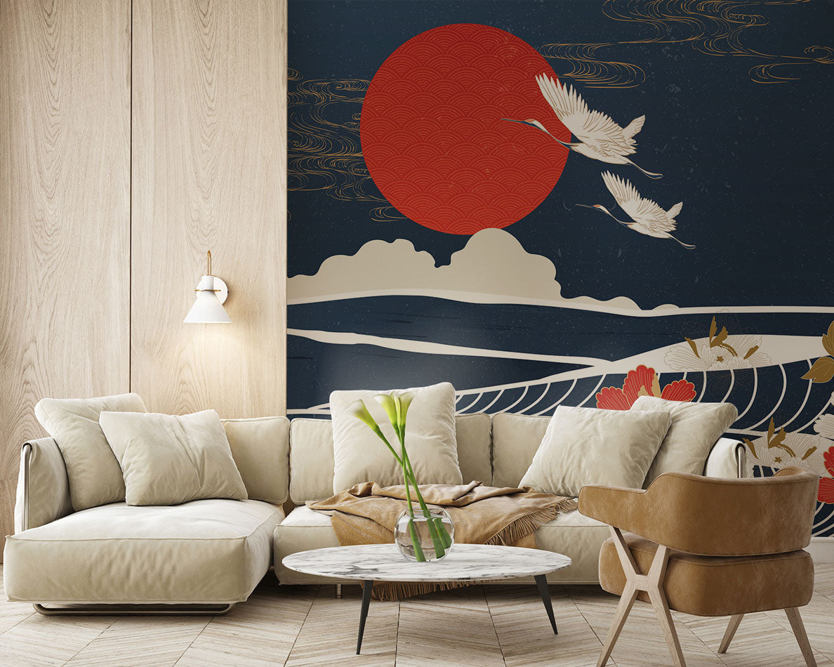 Crimson Sun and Flight Mural Wallpaper in living room