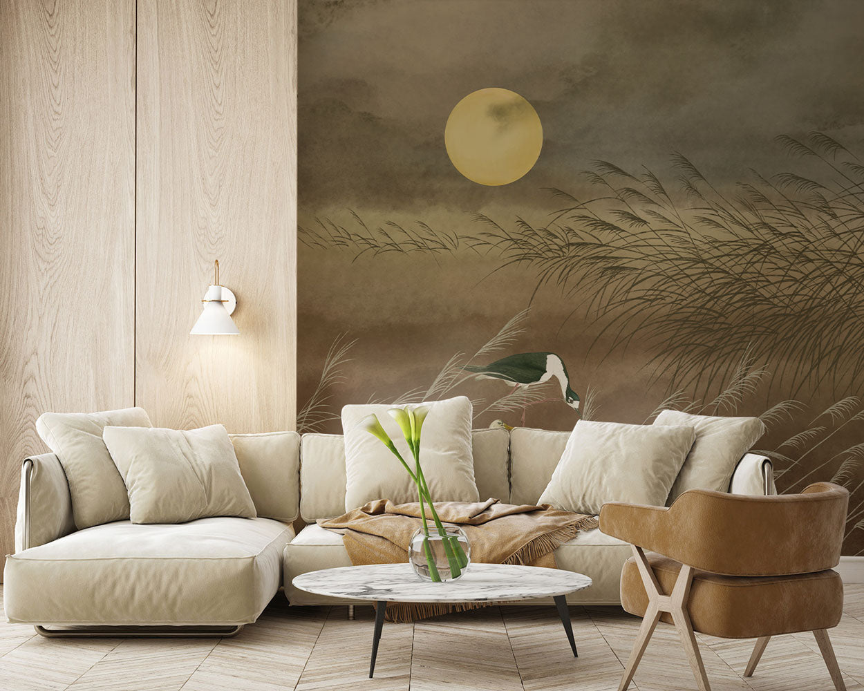 Tranquil Moonlit Marsh Mural Wallpaper in living room