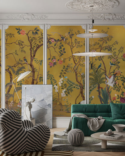Golden Garden Serenade Mural Wallpaper in living room