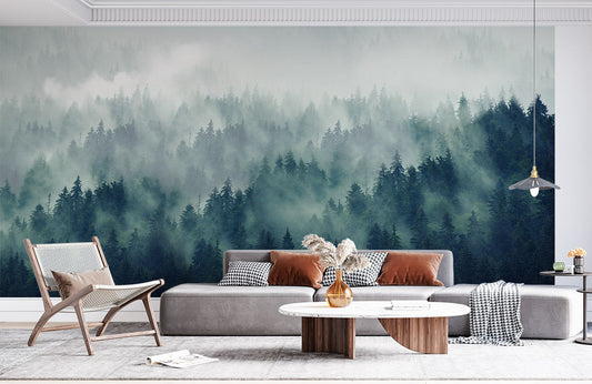 Room with a Mural of Misty Forest Wallpaper