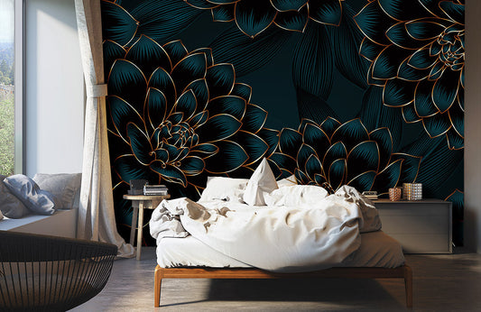 Luxurious Navy Gold Floral Mural Wallpaper