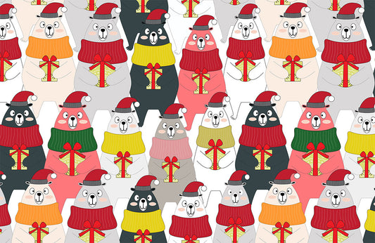 Festive Holiday Bears Gift Mural Wallpaper