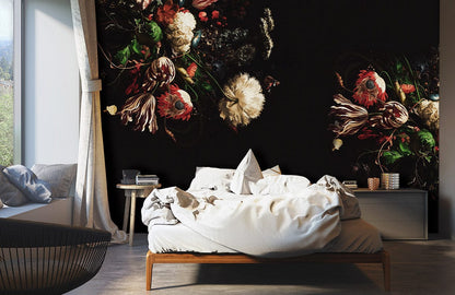 Luxurious dark floral wallpaper in bedroom with cosy bed, modern grey flooring, and elegant decor.