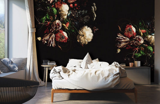 Luxurious dark floral wallpaper in bedroom with cosy bed, modern grey flooring, and elegant decor.