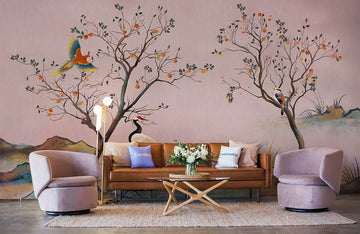 Vintage Oriental Bird Tree Mural Wallpaper
