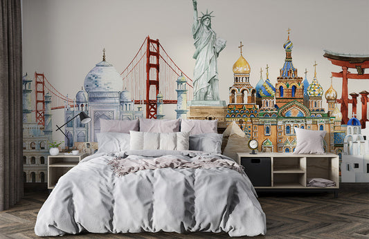 World Landmarks Watercolor Mural Wallpaper