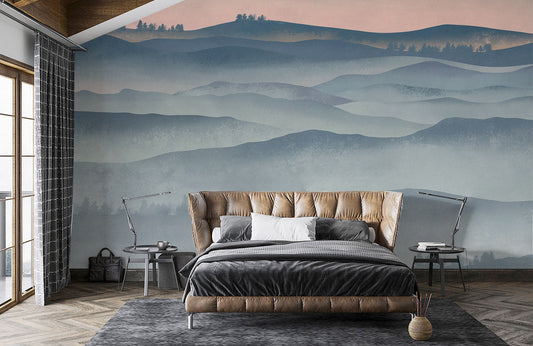 Wallpaper with a mountain scene in the background for your living room or bedroom