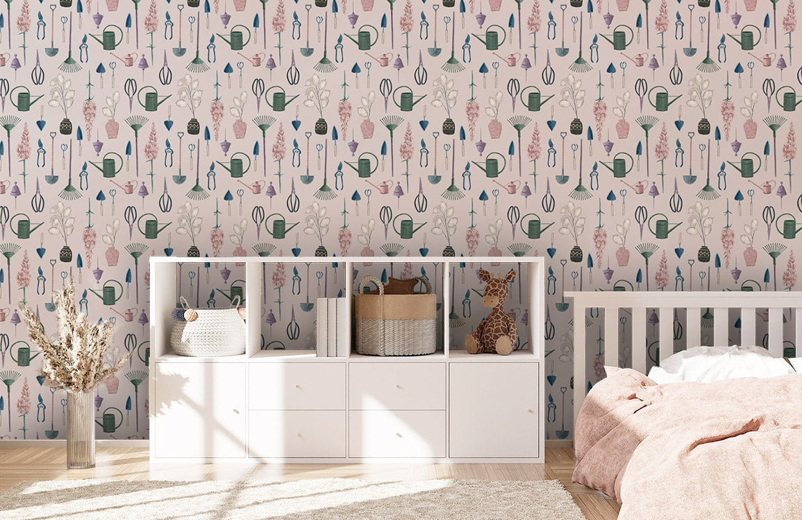 Room with a Mural of Flowers and Tools Covering the Wallpaper