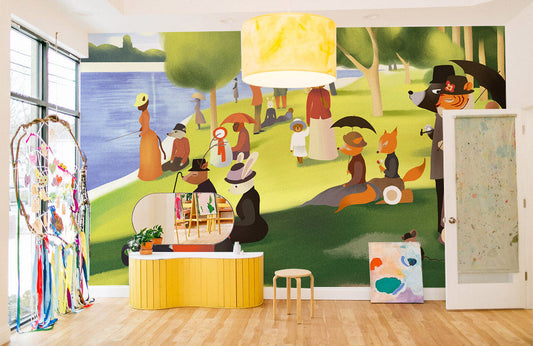 Whimsical Animal Park Illustration Mural Wallpaper