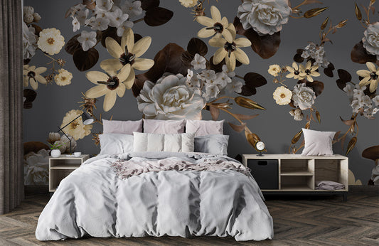 Elegant Vintage Floral Grey Mural Wallpaper