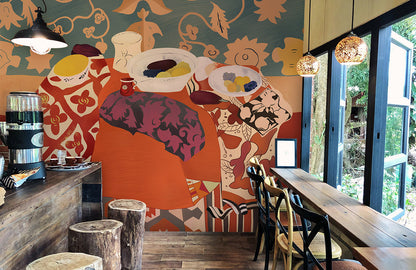 Abstract Autumn Tones Artistic Mural Wallpaper in restaurant setting