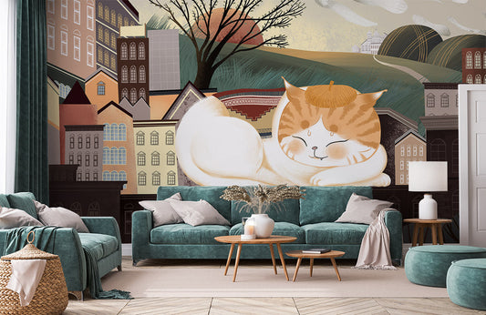 Whimsical Cat City Illustration Mural Wallpaper