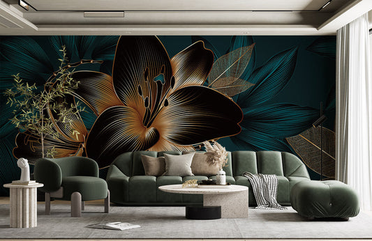 Elegant Gold Floral Dark Mural Wallpaper