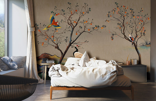 Wallpaper mural with Birds and Trees in Autumn for Use in Home Decoration